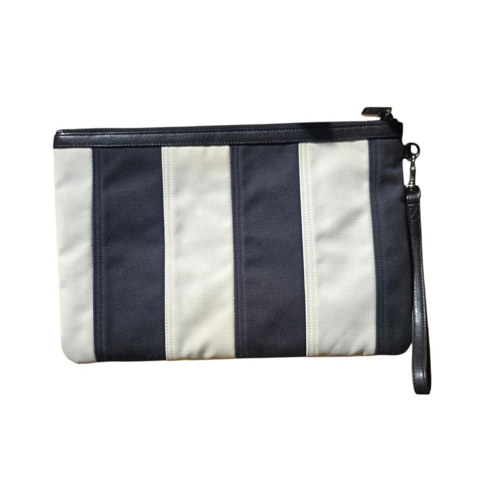 Saint Laurent YSL Stripe Canvas Wristlet Pouch Clutch Red Logo Auth w/ COA - Picture 2 of 9